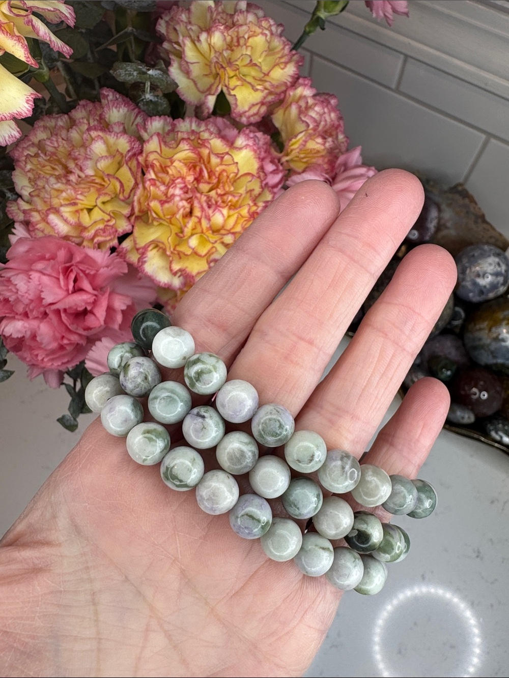 Flower Peace Jade Bracelet (listing is for one): B1011